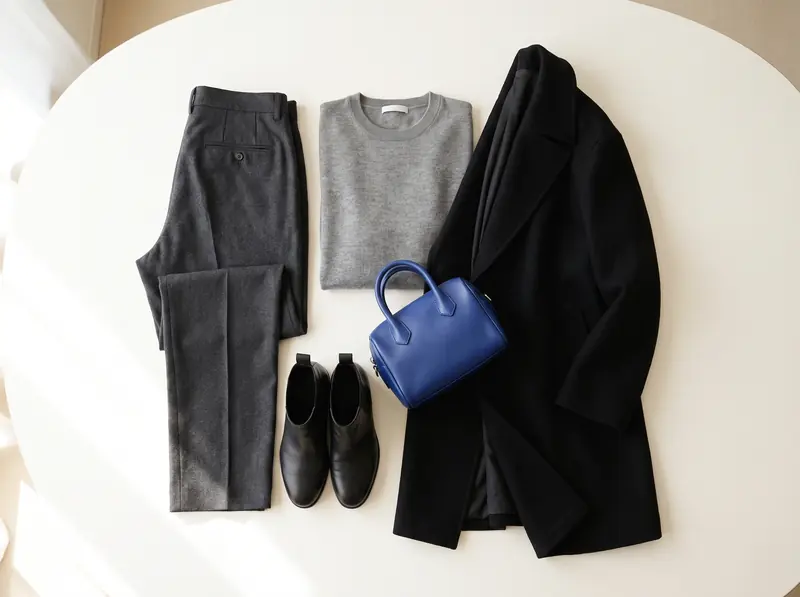 A charcoal and grey outfit laid flat with a black coat and black boots, and a single small cobalt blue handbag as the only color.