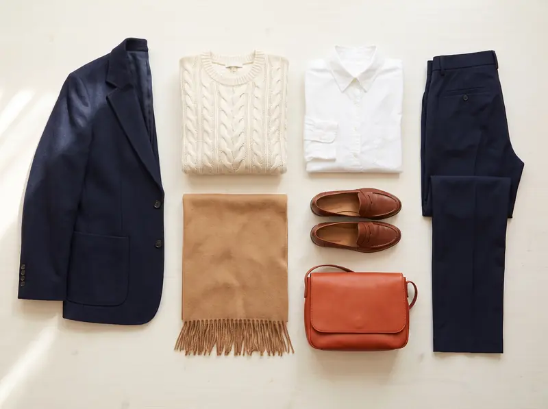 A capsule wardrobe laid flat: navy blazer, ivory cable knit, white shirt, navy trousers, camel scarf, brown loafers and a rust leather bag.