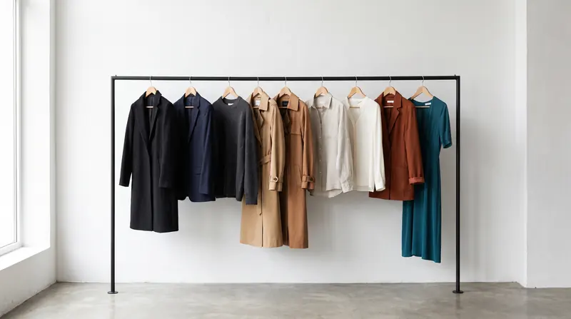 A clothing rail sorted by color: black, navy and charcoal pieces, then camel coats, stone and ivory shirts, and a rust jacket and teal dress at the end.