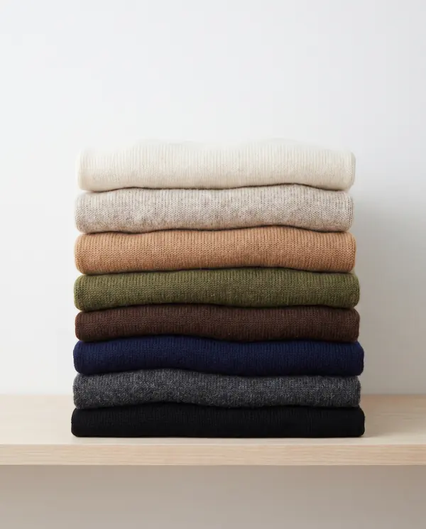A stack of folded sweaters in neutral colors, from black, charcoal and navy at the bottom through chocolate, olive and camel to oatmeal and ivory at the top.