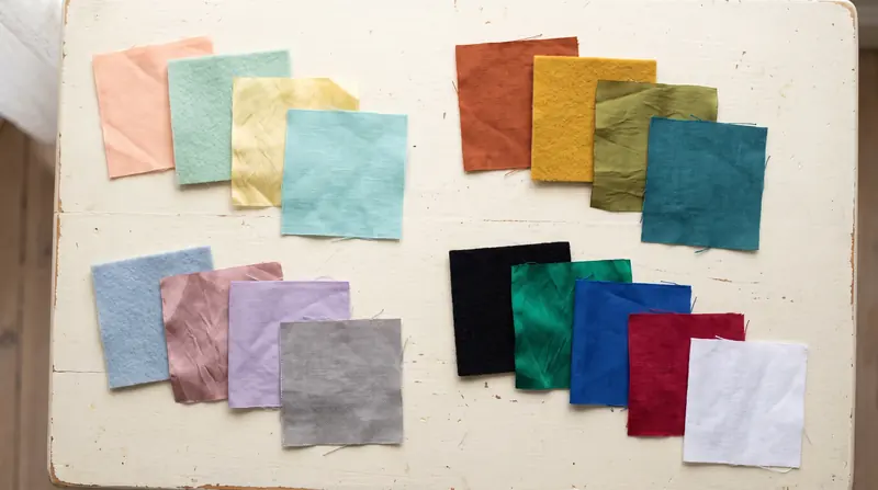 Fabric swatches in four groups on a white table: soft pastels, cool muted tones, warm earthy tones and deep clear tones.